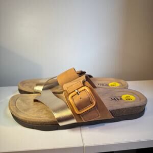 New Earth Emilia Sandals Gold Brown Asymmetrical Straps Sz 9.5  Women's